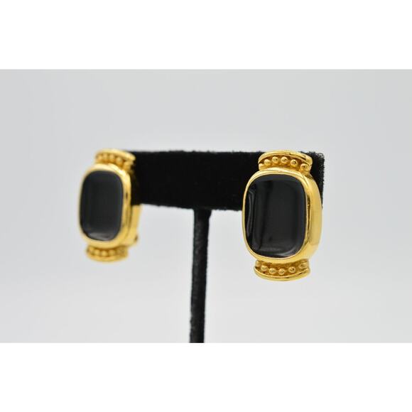 Givenchy Vintage Clip On Earrings Black Enamel Gold Tone Runway Signed 1980s 9I - Picture 2 of 9